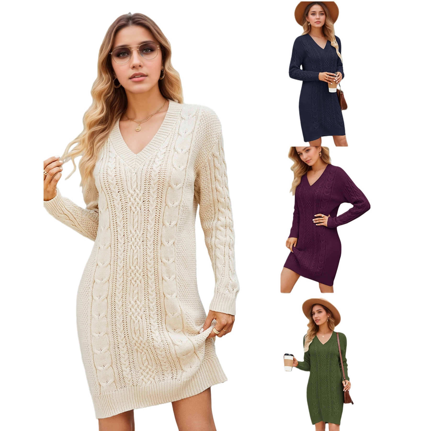 Womens Cable Knit Sweater Dress V-Neck Long Sleeve Winter Dress